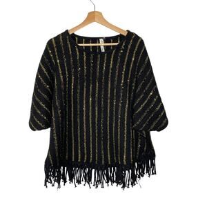 NY Collection Black And Gold Fringe Poncho Sweater Medium